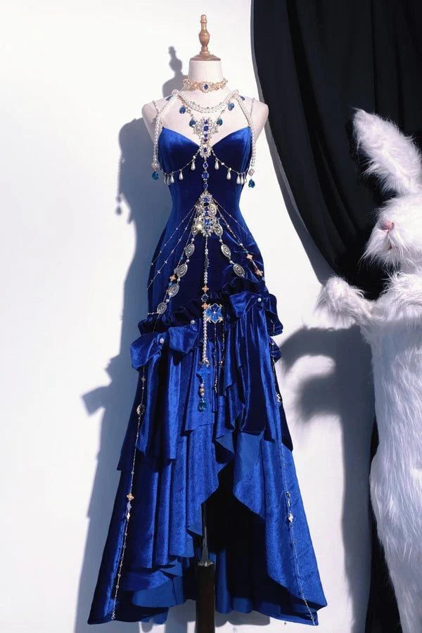 Elegant Mermaid Spaghetti Straps Royal Blue Velvet Long Prom Dresses Formal Dress Party Outfits Prom Gown