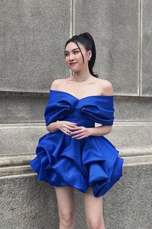 Elegant Royal Blue Bubble Off Shoulder Cheap Short Homecoming Dresses, SSR2901