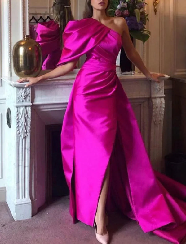Mermaid / Trumpet Evening Gown Sexy Dress Summer Court Train Sleeveless One Shoulder Fall Wedding Reception Satin with Ruched Slit Floor Length