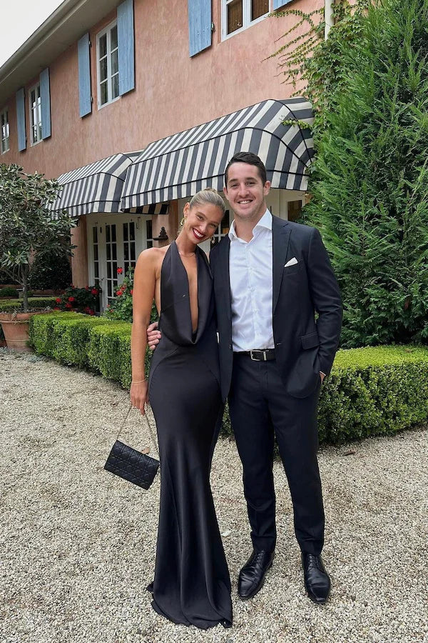 Black Halter Backless Long Prom Dress Wedding Guest Dress Sexy Evening Dress
