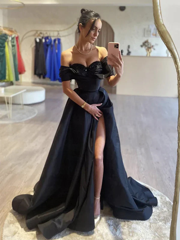 Black A-Line Off Shoulder Satin Long Prom Dress Evening Dress With Slit Charming