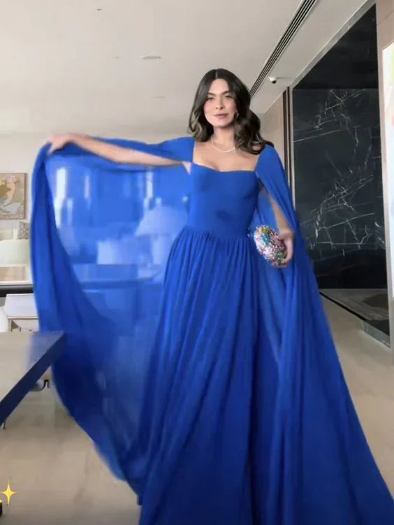 Royal Blue Cape Sleeves A-Line Long Formal Prom Dress Evening Gown Elegant