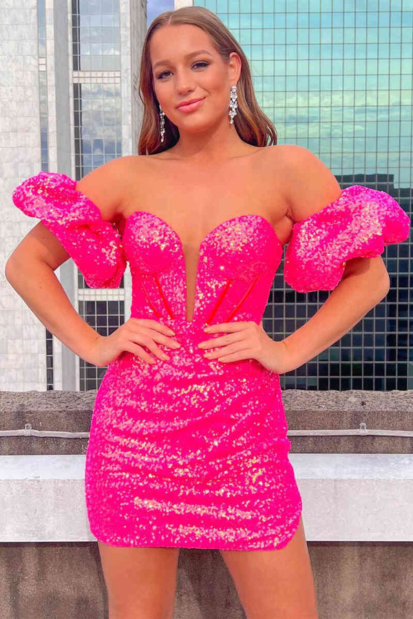 SSR1752,Sweetheart Puff Sleeves Hot Pink Tight Homecoming Dress