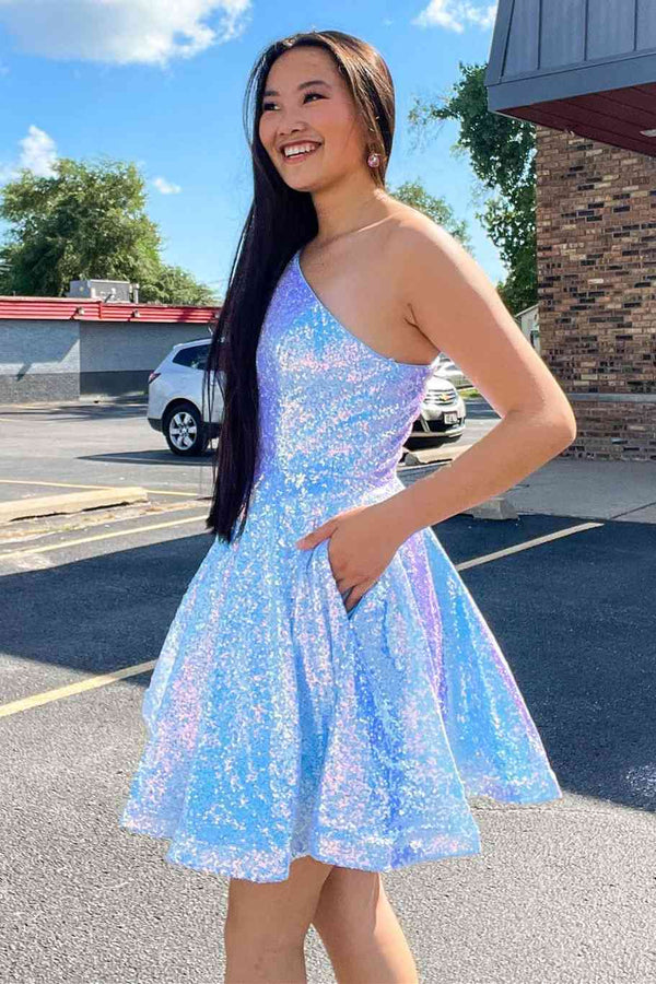 SSR1436,A-Line One Shoulder Sequined Short Homecoming Dress with Pockets