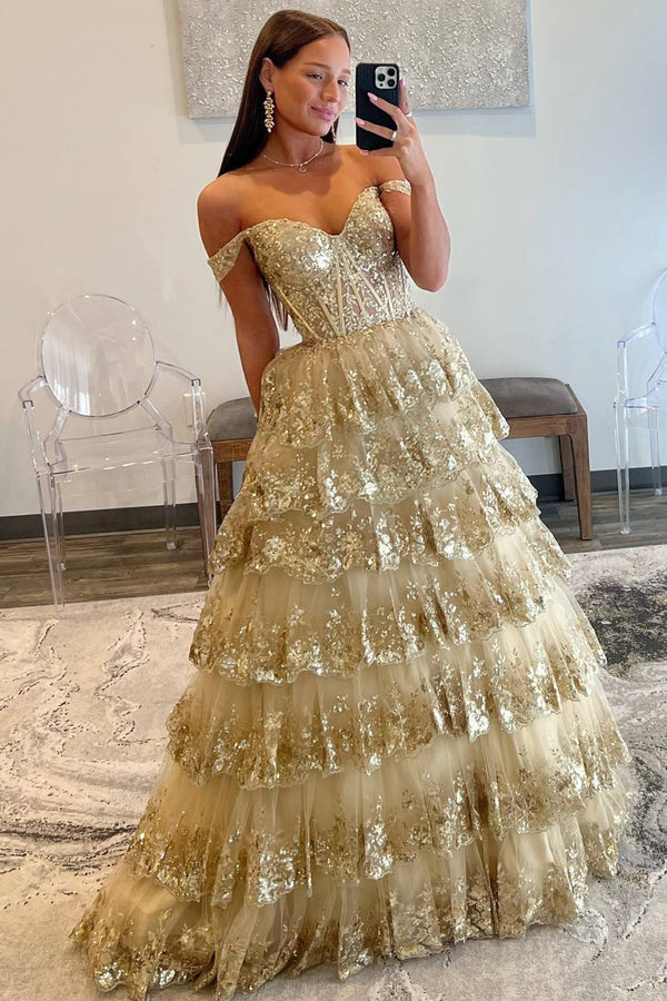 Lace-Up Gold Off the Shoulder Corset Tiered Ball Gown，SSR1203