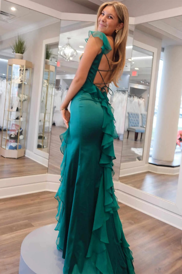 Emerald Green Square Neck Ruffle Slit Prom Dress,SSR1163