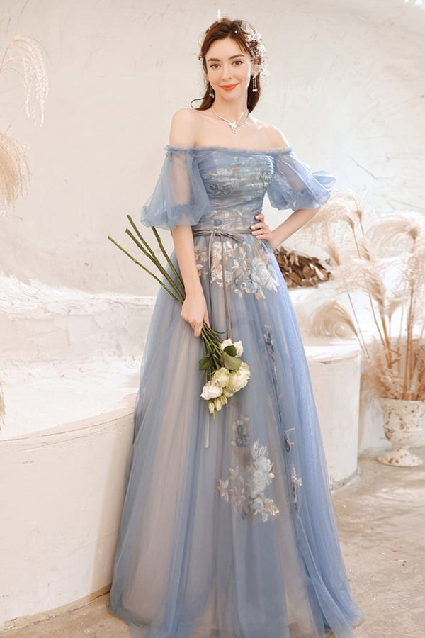 Fairy Blue Off the Shoulder Long Formal Gown