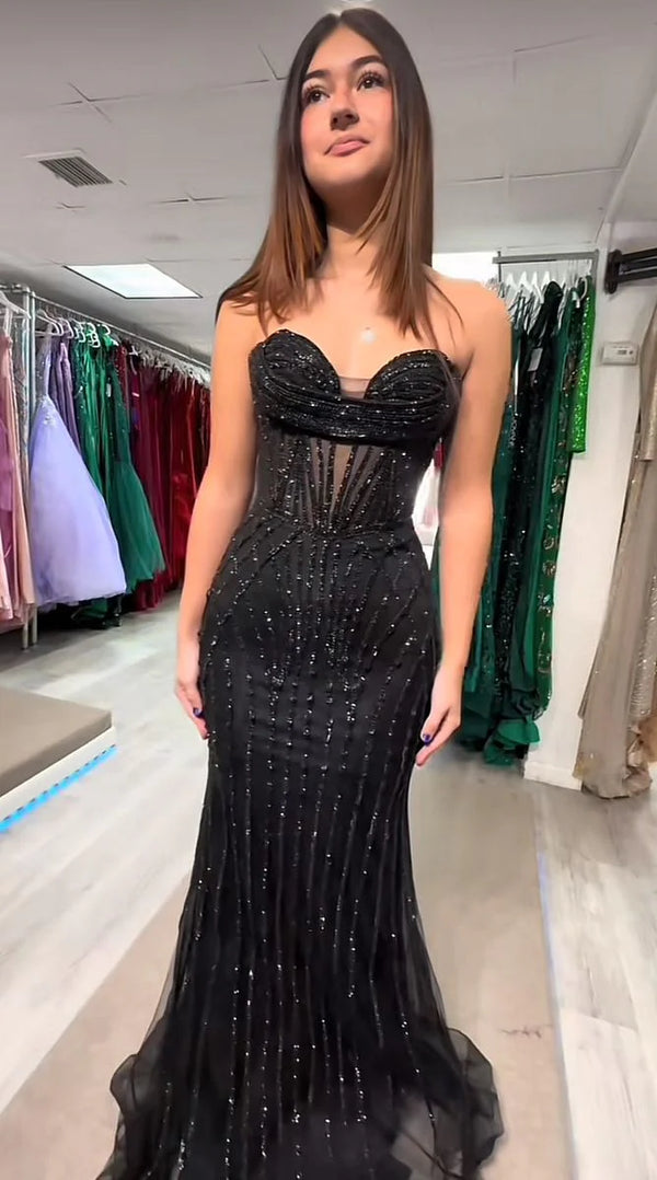 Fancy Mermaid Sweetheart Black Sequin Beaded Prom Dresses For Teens Formal Dress Party Outfits Prom Gown