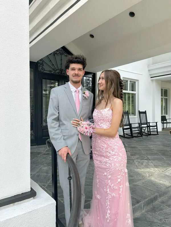 Fantasy Mermaid Spaghetti Straps Light Pink Lace Long Prom Dresses Inspiration Formal Gown