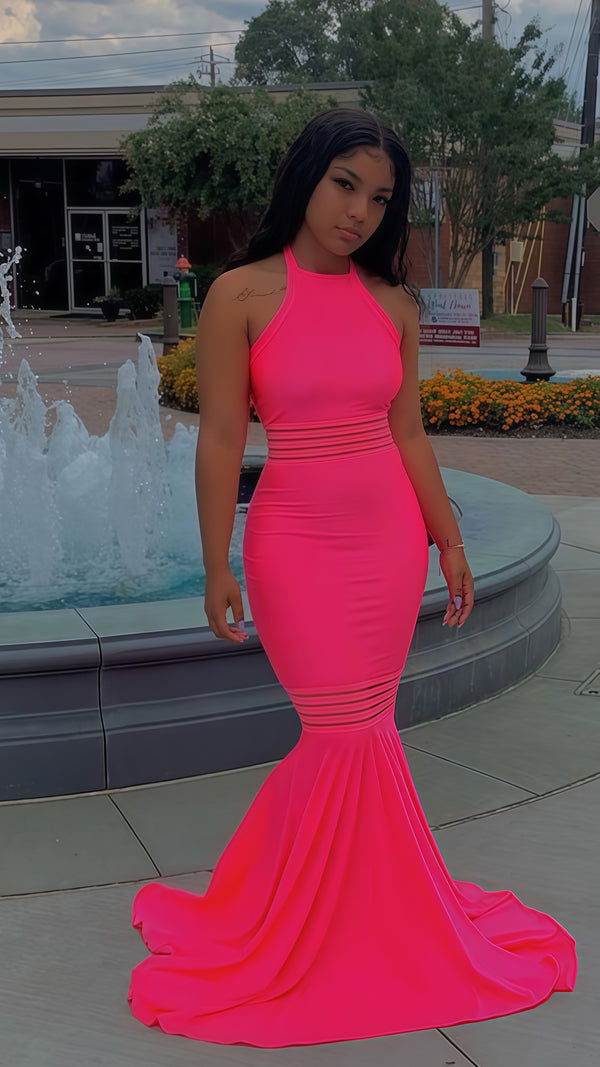 Fuchsia Halter Mermaid Long Prom Dress, Sleeveless Party Dress For Black Girls,SSR1063