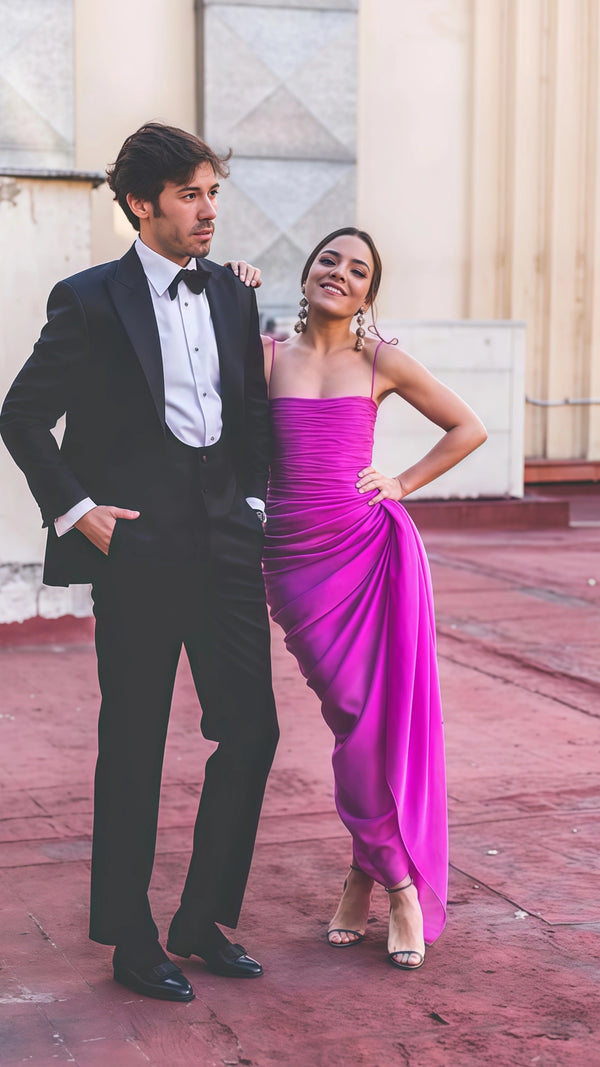 Fuchsia Spaghetti Straps Pleated Prom Dress Chiffon Midi Dress,SSR1011