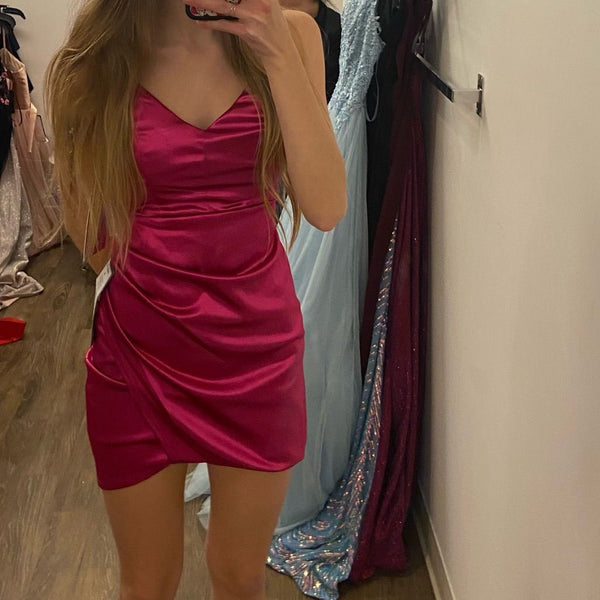 Fuchsia V-Neck Homecoming Dresses Short Graduation Dress, SSR2972