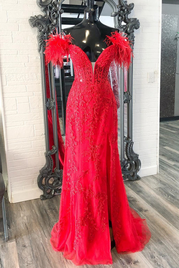 Fur Off the Shoulder Red Lace Mermaid Long Formal Dress