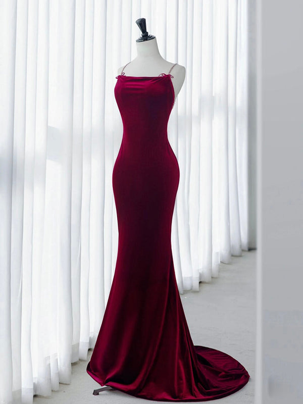 Simple Velvet Mermaid Burgundy Long Prom Dress Formal Dress Evening Dress december wedding guest dress