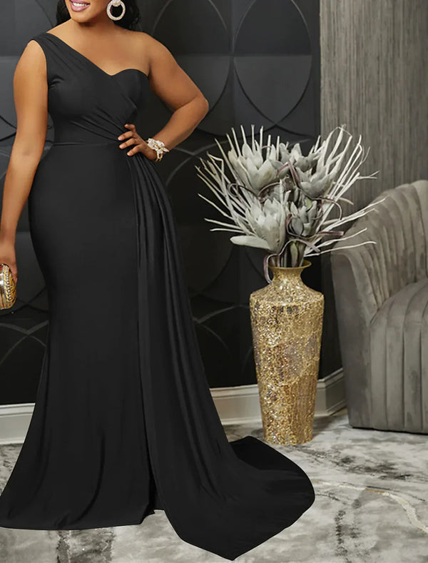 Mermaid / Trumpet Party Dresses Elegant Dress Wedding Guest Semi Formal Sweep / Brush Train Sleeveless One Shoulder Spandex with Ruched Slit Evening Dress