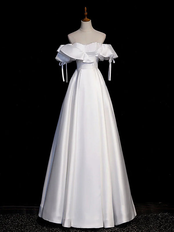 White A-Line Satin Long Prom Dresses Evening Dresses Off Shoulder Formal Dress