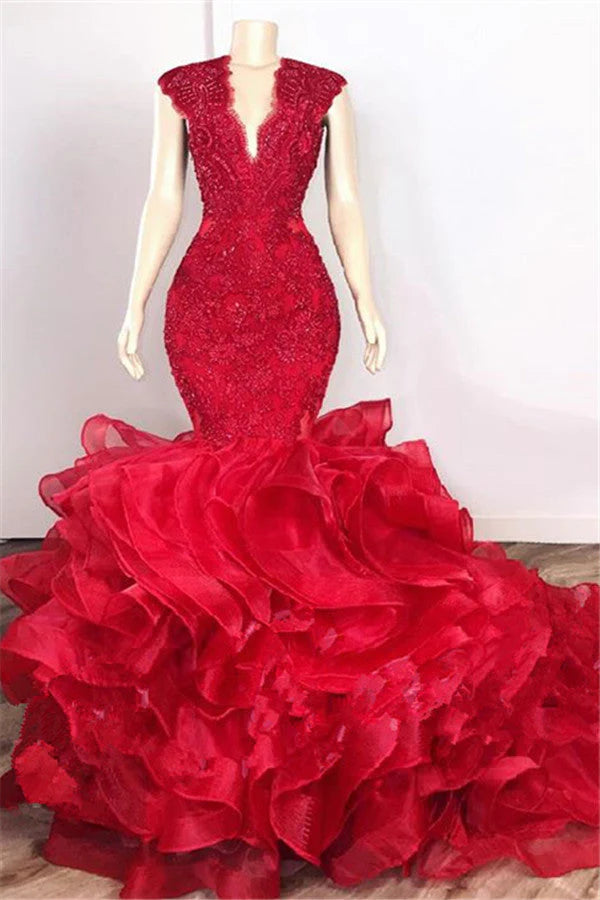 Glamorous Beads Appliques Red Prom Dresses | Ruffles Mermaid Sexy Evening Gowns,SSR1142