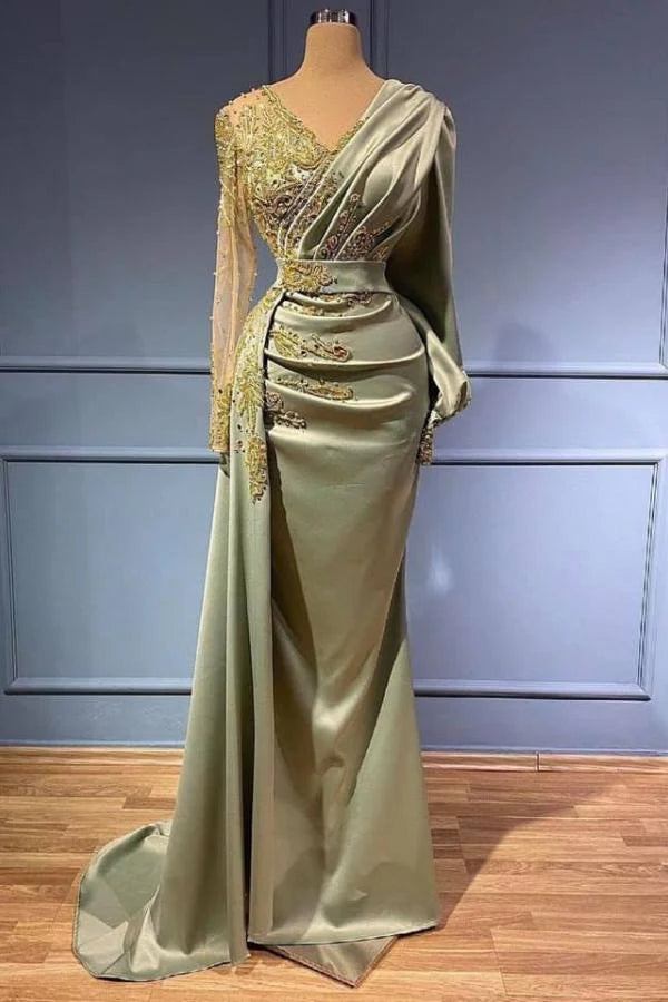 Gorgeous Long Sleeve V-Neck Mermaid Evening Gowns With Lace Appliques,SSR1132