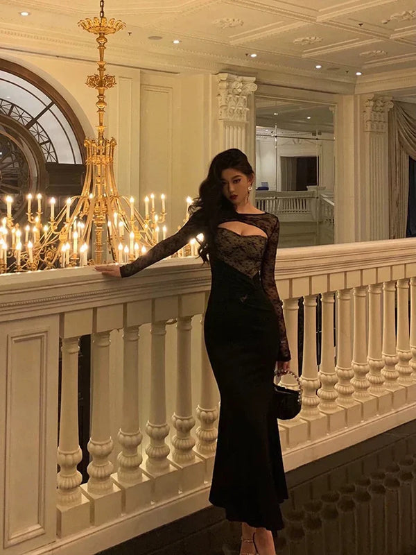 Gorgeous Mermaid Black Lace Date Night Dress Long Prom Dresses Birthday Outfits, SSR3603