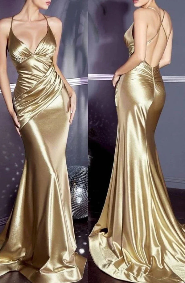 Gorgeous Mermaid Halter Floor Length Gold Satin Evening Dress Prom Dresses , SSR3649