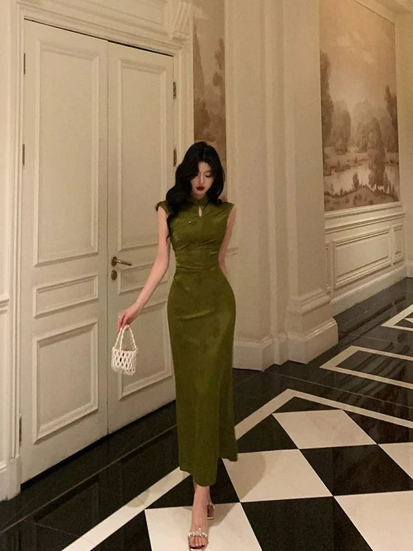 Gorgeous Mermaid High Neckline Green Satin Floral Date Night Dress Long Prom Dresses Birthday Outfits , SSR3607