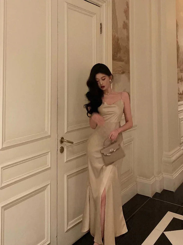 Gorgeous Mermaid Spaghetti Straps Champagne Slit Date Night Dress Prom Dresses Birthday Outfits , SSR3616
