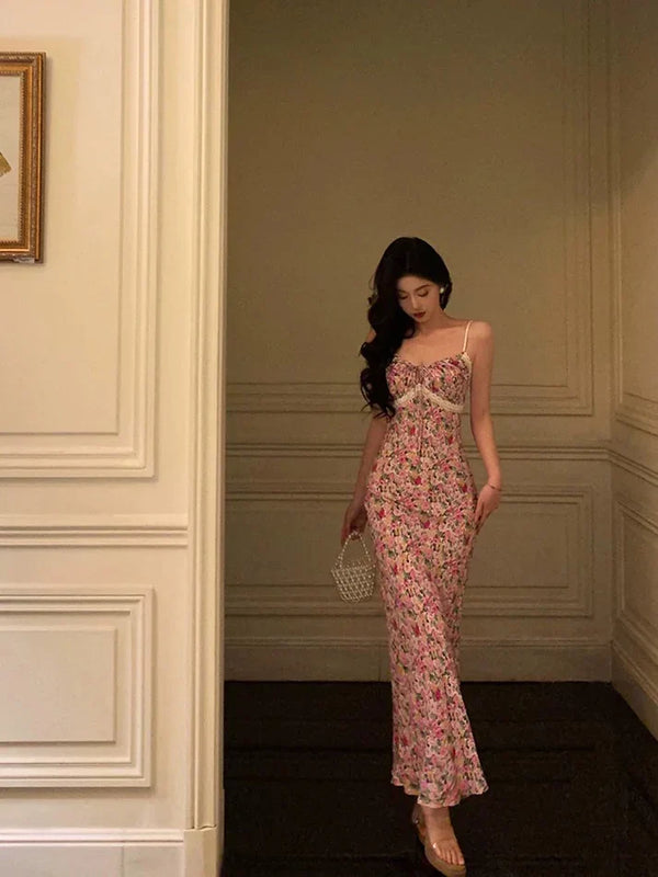 Gorgeous Mermaid Spaghetti Straps Pink Floral Date Night Dress Long Prom Dresses Birthday Outfits, SSR3602