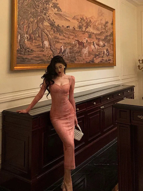 Gorgeous Sheath Square Neckline Long Sleeves Pink Lace Date Night Dress Long Prom Dresses Birthday Outfits, SSR3601