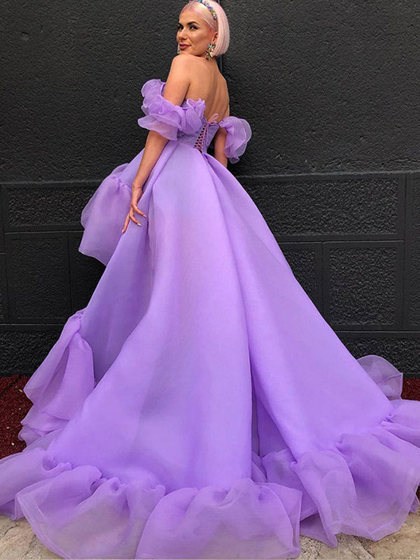 SSR0853,A-Line Luxurious Elegant Wedding Guest Prom Birthday Dress Off Shoulder Short Sleeve Asymmetrical Tulle with Tier