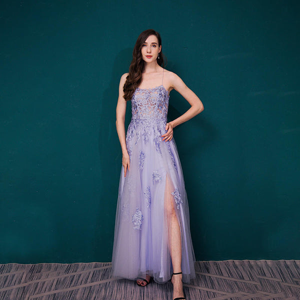 SSR0203,Chic lilac applique long prom dresses see through top tulle evening dress party gown