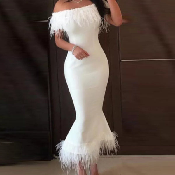 SSR1333,Off the shoulder mermaid white prom dresses off the shoulder trumpet feather evening gown