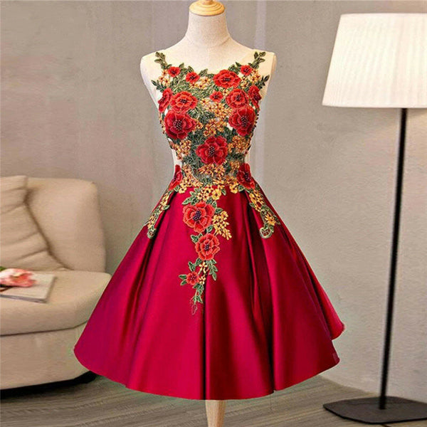 SSR0876,Luxury embroidery a-line homecoming dress red knee length prom dresses
