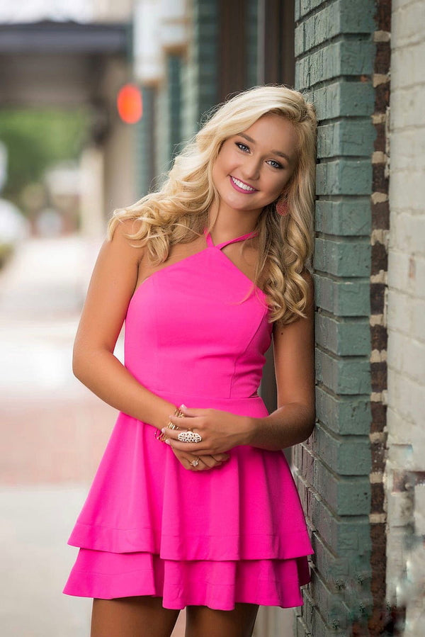 SSR1277,Halter Satin Homecoming Dresses,Hot Pink Mini Party Dress