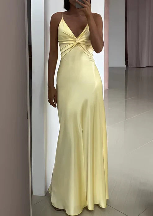 Yellow V Neck Straps Long Prom Dress Wedding Guest Dress Charming Evening Party Dress