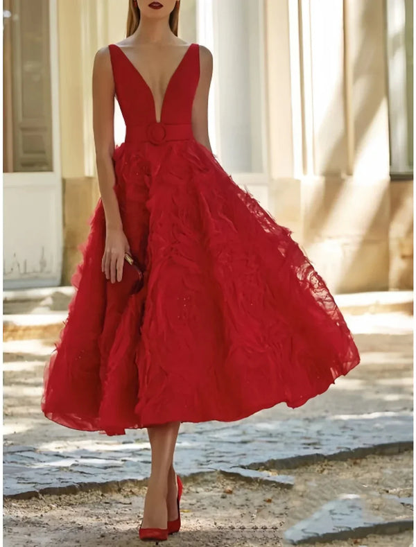 A-Line Evening Gown Elegant Dress Wedding Guest Birthday Tea Length Sleeveless V Neck Belt / Sash Lace with Pleats Sexy