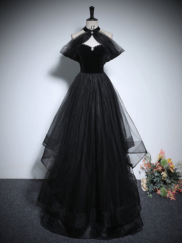 Black A-Line Tulle Long Prom Dress Evening Dress Floor Length Elegant Formal Dress