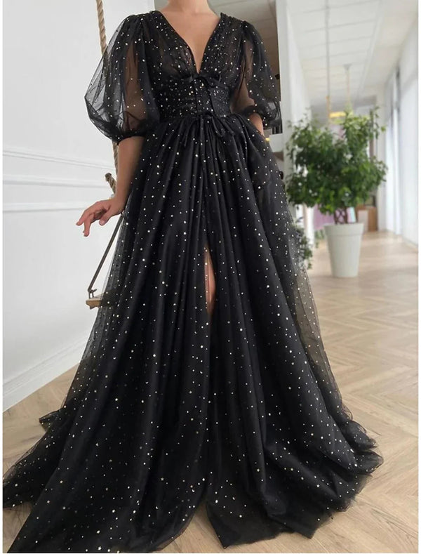 A-Line Prom Dresses Glittering Dress Wedding Guest Prom Court Train Half Sleeve V Neck Wednesday Addams Family Tulle V Back with Bow(s) Sequin Slit Evening Dress