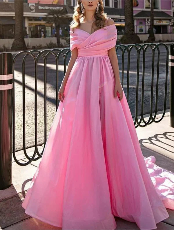 Ball Gown Prom Dresses High Split Dress Wedding Prom Court Train Short Sleeve Off Shoulder Stretch Chiffon with Slit Evening Dress