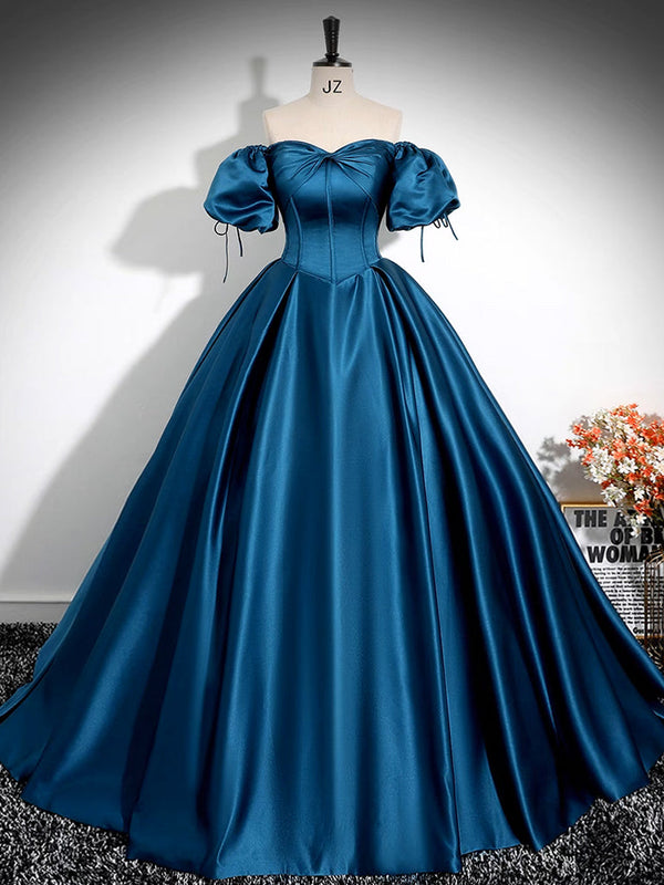 A-Line Puff Sleeves Satin Peacock Blue Long Prom Dress Formal Dress Evening Dress