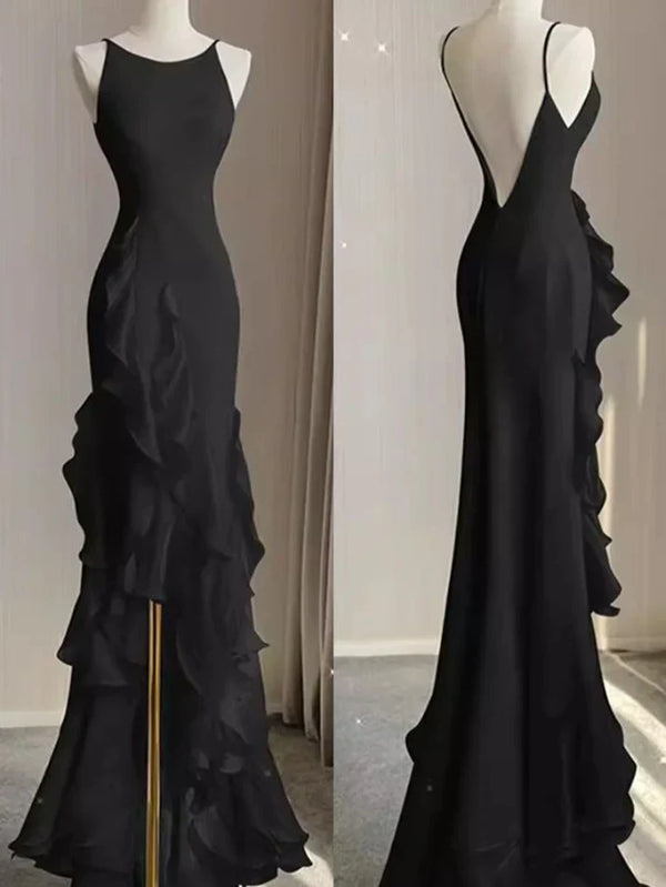 Black Mermaid Spaghetti Straps Backless Prom Gown Charming Evening Party Dress