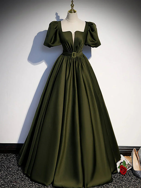 Green satin A line long prom dress formal party dress Elegant Evening Dress december wedding guest dress
