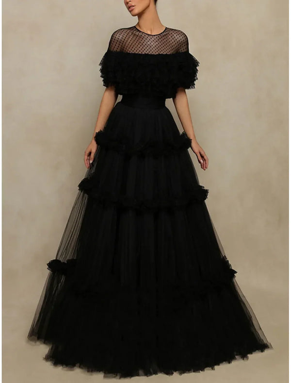 A-Line Prom Dresses Elegant Dress Formal Floor Length Short Sleeve Jewel Neck Tulle with Pleats Ruffles Evening Dress