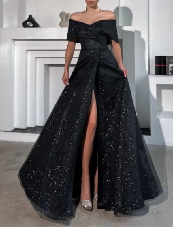A-Line Evening Gown Party Dress Glittering Dress Wedding Prom Floor Length Sleeveless Off Shoulder Fall Wedding Reception Tulle with Sequin Slit Sparkly