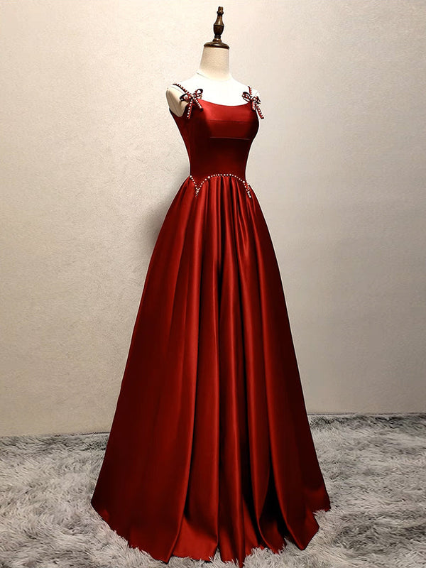 A-Line Satin Burgundy Long Prom Dress Formal Dress Elegant Evening Dress With Bow(s)