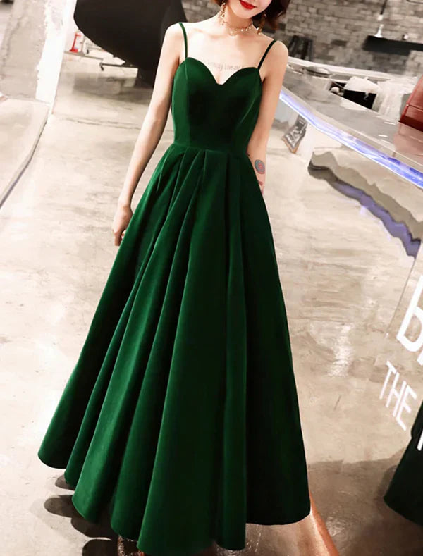 A-Line Prom Dresses Beautiful Back Dress Wedding Guest Prom Ankle Length Sleeveless Spaghetti Strap Velvet with Sleek Pleats Evening Dress