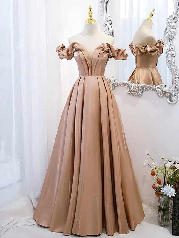 A-Line Off Shoulder Satin Champagne Long Prom Dress Formal Dress december wedding guest dress