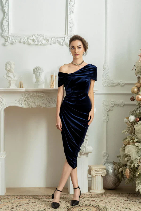 One Shoulder Velvet Formal Dress Wedding Guest Dress Bridesmaid Dress Midi Dress Elegant Dress Cocktail Dress