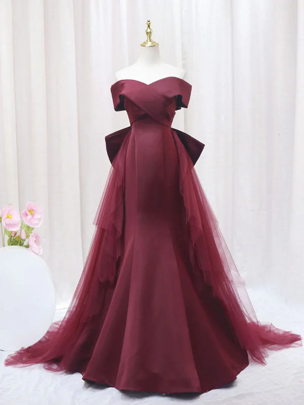 Burgundy Mermaid Tulle Long Prom Dress Formal Evening Dress Off Shoulder december wedding guest dress