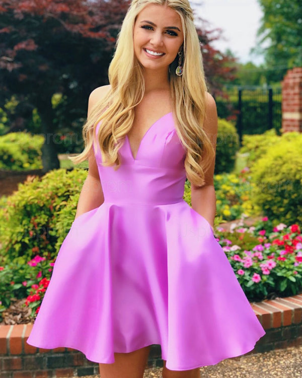 SSR1776,Pink A-Line Satin Homecoming Dress, V-Neck Mini Prom Dress