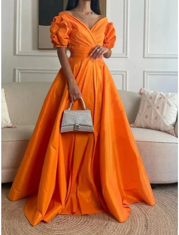 A-Line Evening Gown Elegant Dress Formal Prom Floor Length 3/4 Length Sleeve Sweetheart Satin with Ruched Solid Color